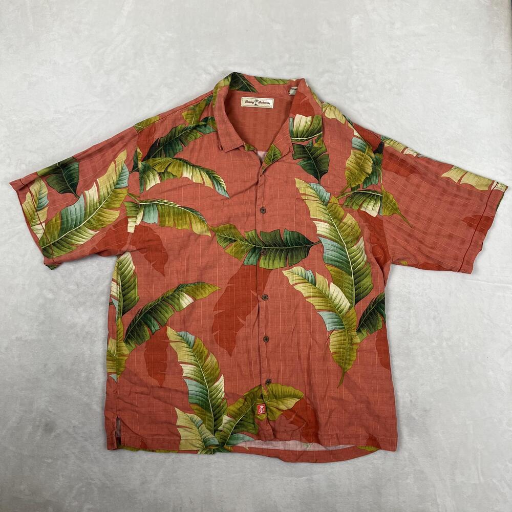 Tommy Bahama Shirt Mens XL Orange Silk Hawaiian Leaf Short Sleeve Button Front